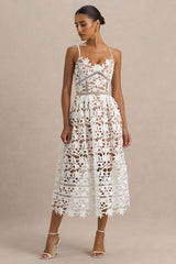 Zuri | White Lace Sweetheart Midi Dress With Cami Straps